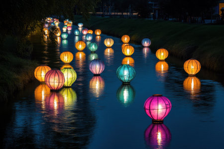 Softly glowing lanterns float on the water, creating a magical atmosphere during a night festival.の写真素材