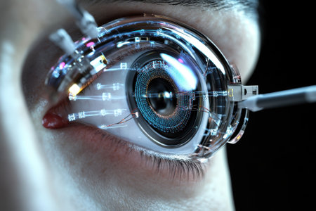 A close-up view of a high-tech ocular implant in an eye, illustrating cutting-edge vision enhancement.の写真素材