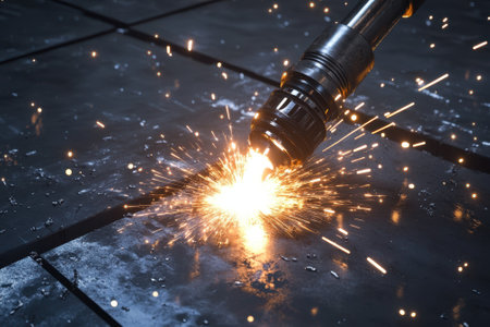 A welding tool generates intense sparks while joining metal pieces on a workshop floor in the evening.の素材