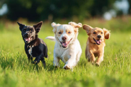 Three happy dogs are sprinting across a lush green field, enjoying the warmth of a sunny day.の写真素材