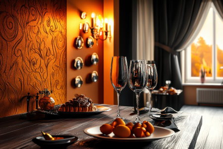 The dining table features beautifully arranged desserts and sparkling glassware reflecting the warm sunset light.の写真素材