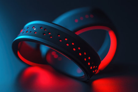 Two sleek fitness bands glow in contrasting blue and red light against a dark background, showcasing modern design.の写真素材
