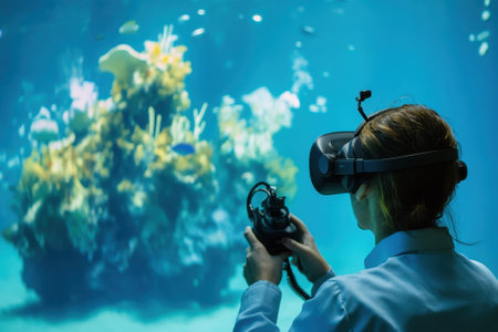 User engages in virtual reality exploration, interacting with a colorful coral reef in an ocean-like setting.の写真素材