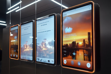 Displays featuring vibrant sunset graphics are showcased in a sleek, contemporary environment.の写真素材
