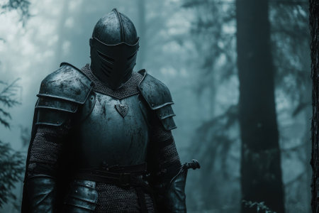A solitary knight in weathered armor pauses in a misty forest, surrounded by tall trees at dawn.の写真素材
