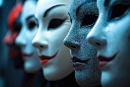 A collection of striking masks arranged in a row, showing detailed craftsmanship and vivid expressions.の素材