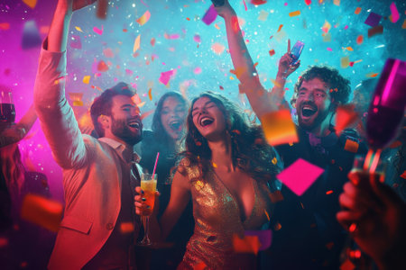 Group of friends celebrating joyfully at a party with colorful confetti and drinks in hand.の写真素材