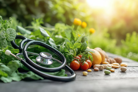 Fresh produce, nuts, and a stethoscope are arranged in a garden during golden hour light.の写真素材