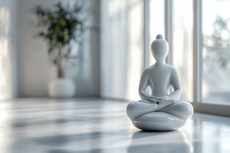 A sleek white statue of a seated figure in a modern room filled with natural light.の写真素材