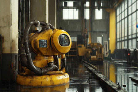 Industrial equipment sits on a wet floor in a large, dimly lit warehouse on a rainy day.の写真素材