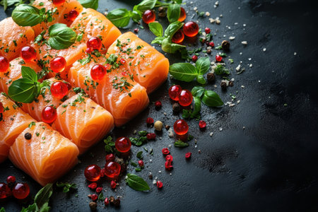 Salmon fillets arranged with fresh herbs and vibrant berries on a dark surface, ready for cooking.の写真素材