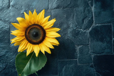 A bright sunflower rests on a dark stone background, highlighting its lively yellow petals and central disk.の写真素材