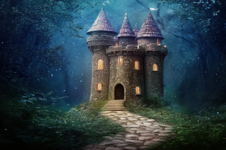 A majestic stone castle with turrets stands in a dark forest, illuminated by soft twilight glow and magical sparkles.の写真素材