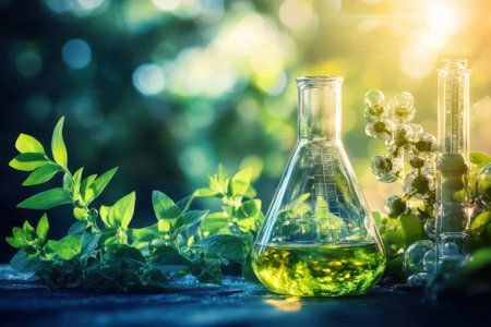 Bright green liquid in lab glassware contrasts with fresh greenery, showing a blend of science and nature.の写真素材