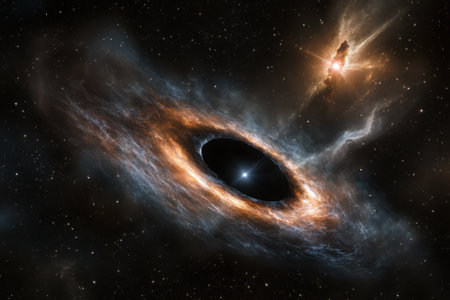 A stunning view of a black hole with luminous gas swirling around it, amid distant stars scattered in space.の写真素材