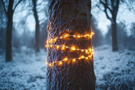 Warm lights illuminate the trunk of a tree in a cold, frost-covered forest at dawn.の写真素材