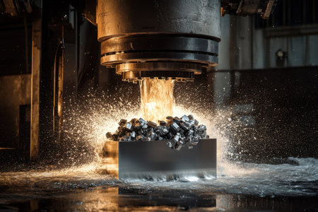 Molten metal pours from heavy machinery onto a pile of metal parts, creating a dramatic effect in the workshop.の写真素材