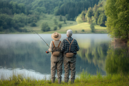 Two elderly individuals stand side by side, fishing at a tranquil lake surrounded by hills and trees.の写真素材