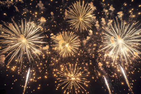 Bright fireworks burst in the night, showcasing vibrant colors and sparkling trails above a crowd celebrating.の写真素材