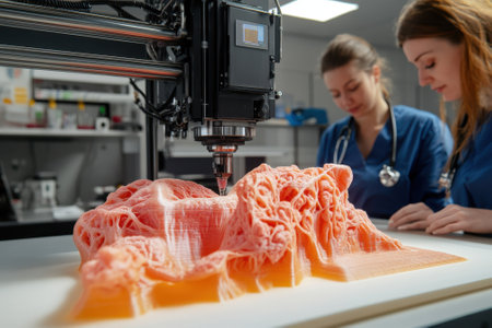 Two medical professionals observe a 3D printer creating intricate anatomical models in a lab setting.の写真素材