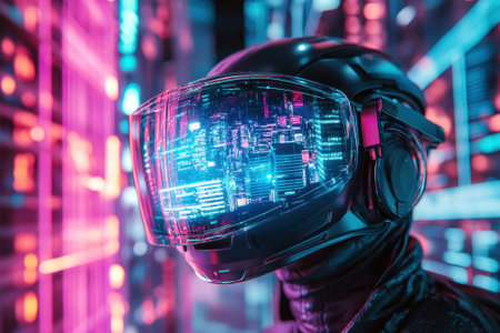 A person wears a reflective helmet displaying a vibrant digital city while surrounded by neon lights.の素材