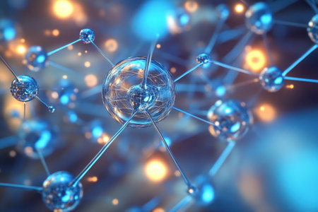Colorful depiction of molecular structures with glowing connections set against a soft background.の写真素材
