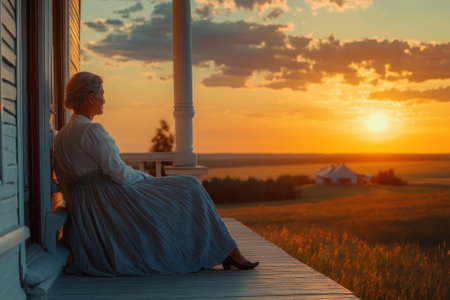 A woman in a long skirt relaxes on a porch at sunset, taking in the beauty of the surrounding fields.の写真素材