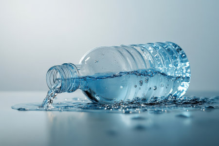 Clear water flows from a tilted plastic bottle, forming ripples on an elegant surface in bright light.の写真素材