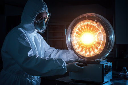 Scientist wearing a mask and suit carefully adjusts a glowing reactor in a laboratory at night.の写真素材