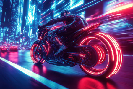 A skilled motorcyclist speeds through a vibrant cityscape illuminated by neon lights, showcasing nightlife.の写真素材