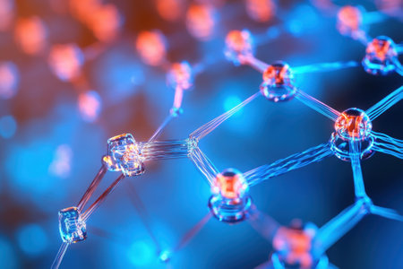Colorful depiction of interconnected molecules showcasing scientific concepts in a laboratory setting.の写真素材