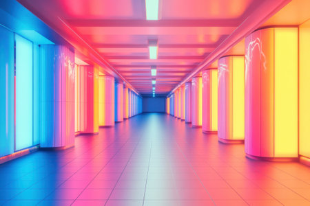 Colorful lights reflect off polished surfaces in a modern corridor, creating a lively atmosphere for visitors.の写真素材
