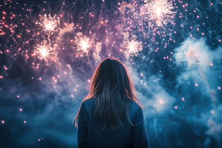 A girl stands with her back to the viewer, gazing at vibrant fireworks lighting up the dark night sky.の写真素材
