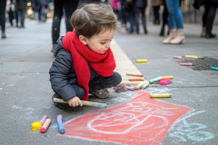 Young child enjoys drawing with colorful chalk on the sidewalk in a bustling city setting during winter.の写真素材