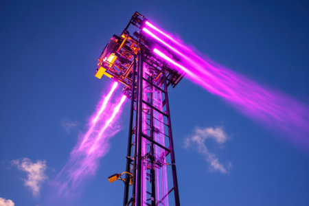 A tall amusement park ride emits vibrant purple beams into the clear sky during the daytime, attracting visitors.の写真素材