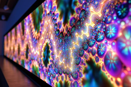 A vibrant abstract design with swirling patterns and bright colors fills a long screen in a gallery setting.の素材