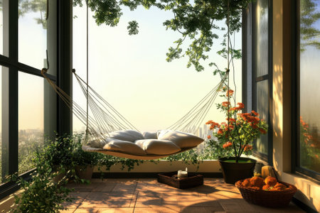 A hammock with cushions swings gently in a sunlit space adorned with vibrant plants and flowers.の写真素材