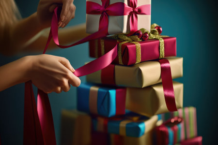 A person is carefully tying ribbons around stacked presents in preparation for a celebration.の写真素材