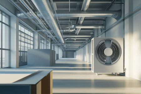 Bright, spacious industrial area with large windows and a prominent ventilation unit enhancing air circulation.の写真素材