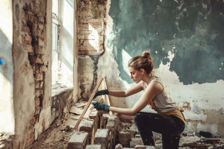 Dedicated individual working on constructing a wall in a weathered room filled with natural light.の写真素材