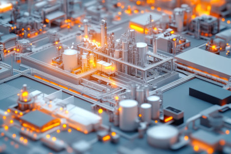 Aerial view showcasing an industrial complex bustling with activity during dusk, emphasizing modern structures.の写真素材