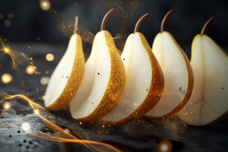 Freshly sliced pears line up, showing their juicy texture and vibrant colors against a glowing backdrop.の写真素材