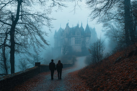 Two people stroll along a winding path covered in leaves, approaching a castle shrouded in fog.の写真素材