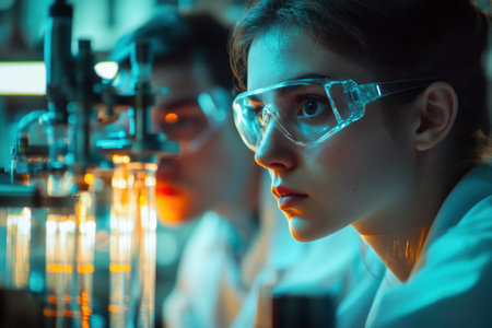 Two scientists work together in a laboratory, focusing intently on the experiment with glass tubes and equipment.の写真素材