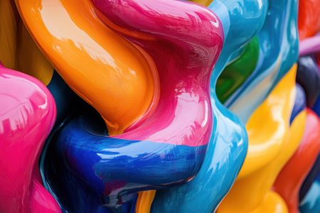 Vivid colors interweave in an abstract mural, showcasing dynamic shapes and a playful artistic style.の写真素材