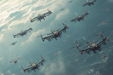 A large number of drones are flying in formation above a city, creating a sight against a cloudy sky.の写真素材