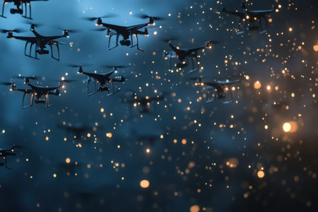 Numerous drones navigate through a dark atmosphere, lighting the surroundings with sparkling effects.の写真素材