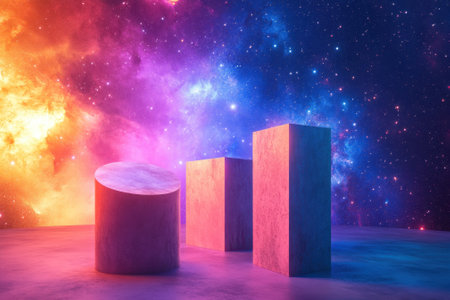 Colorful geometric shapes stand on a surface against a cosmic background filled with swirling galaxies.の写真素材