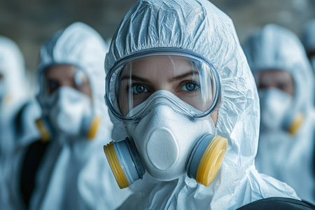 A group of healthcare professionals in full protective gear stands ready for action during a health crisis.の写真素材