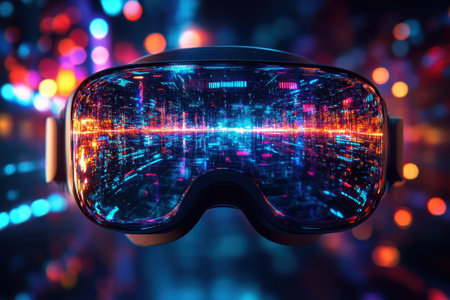 Colorful futuristic goggles display a digital cityscape with bright lights and vibrant reflections.の写真素材